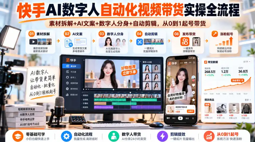 快手AI数字人自动化视频带货实操全流程｜素材拆解+AI文案+数字人分身+自动剪辑，从0到1起号带货(更新26年)-翻身路网创