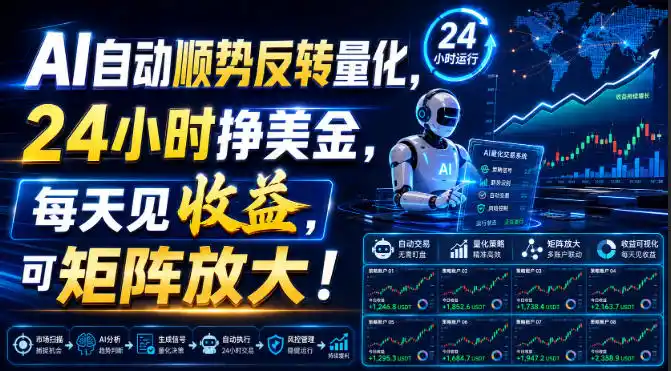 AI自动顺势反转量化，24小时挣美金，每天见收益，可矩阵放大！【揭秘】-翻身路网创