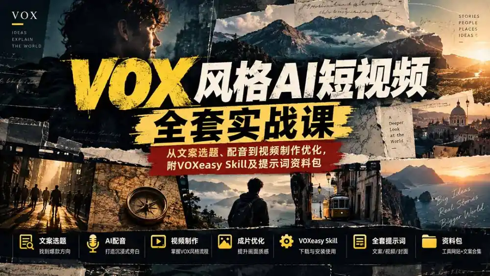 【无水印】VOX风格AI短视频全套实战课：从文案选题、配音到视频制作优化，附VOXeasy Skill及提示词资料包-翻身路网创