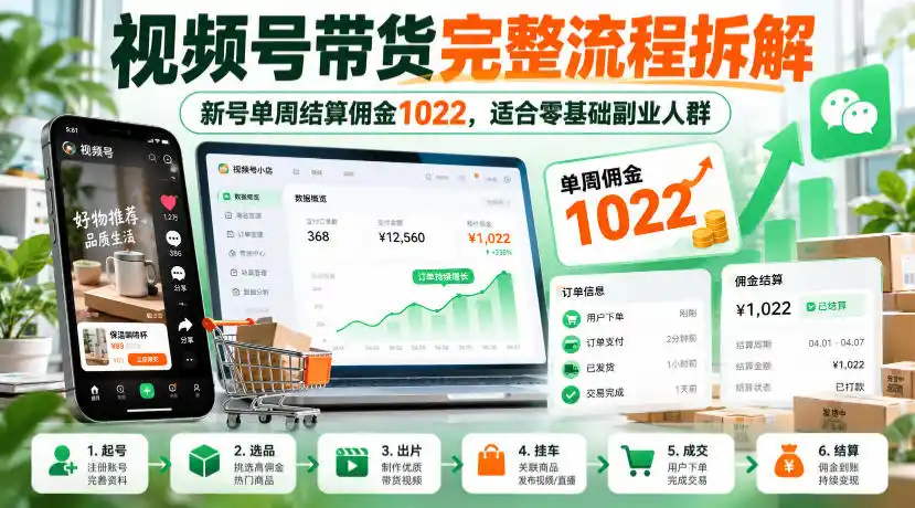 视频号带货完整流程拆解，新号单周结算佣金1022，适合零基础副业人群-翻身路网创