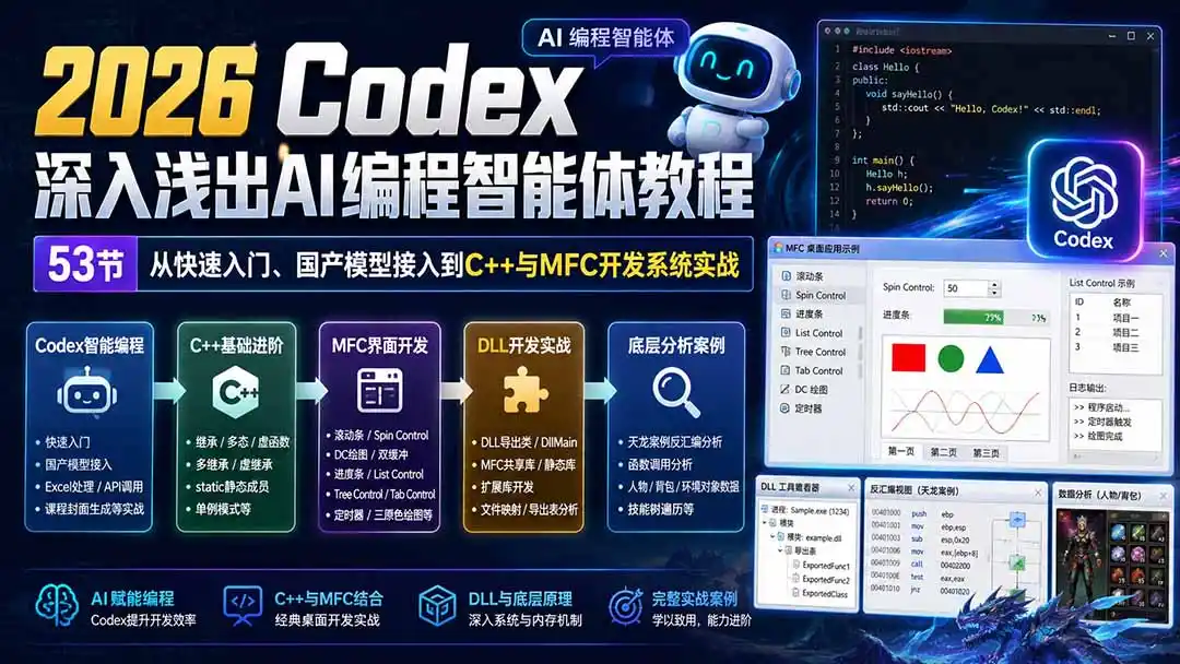 2026 Codex深入浅出AI编程智能体教程：53节从快速入门、国产模型接入到C++与MFC开发系统实战-翻身路网创