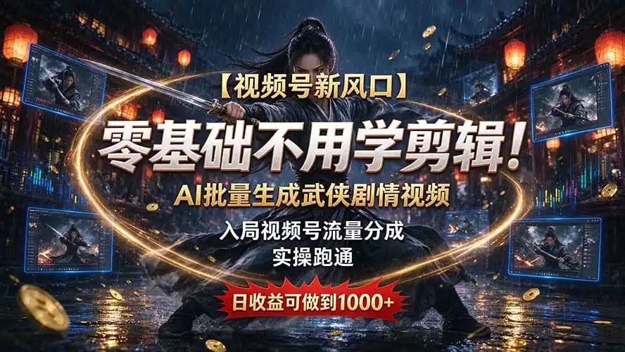 【视频号新风口】零基础不用学剪辑！AI 批量生成武侠剧情视频，入局视频号流量分成，实操跑通，日收益可做到 1000+-翻身路网创