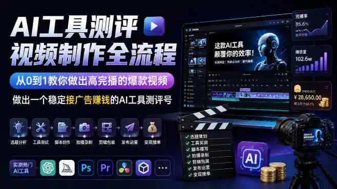 AI工具测评视频制作全流程,从0到1教你做出高完播的爆款视频,做出一个稳定接广告賺钱的AI工具测评号-翻身路网创