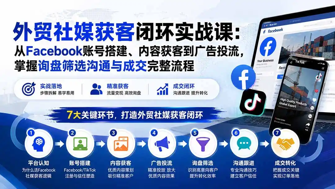 外贸社媒获客闭环实战课：从Facebook账号搭建、内容获客到广告投流，掌握询盘筛选沟通与成交完整流程-翻身路网创