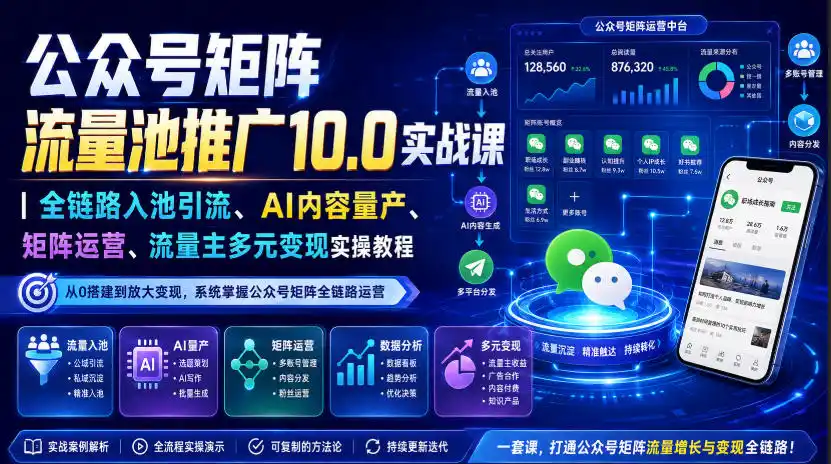 公众号矩阵流量池推广10.0实战课｜全链路入池引流、AI内容量产、矩阵运营、流量主多元变现实操教程-翻身路网创