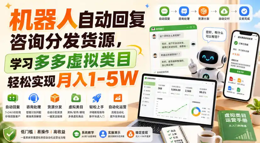 机器人自动回复咨询分发货源，学习多多虚拟类目轻松实现月入1-5W【揭秘】-翻身路网创