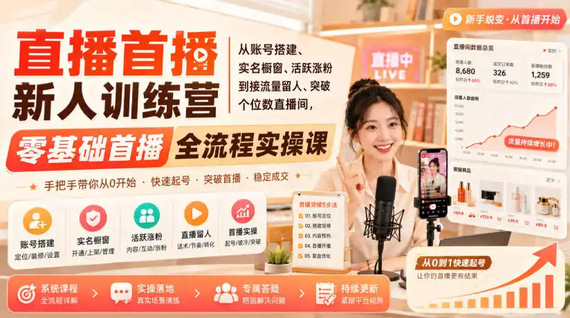 直播首播新人训练营｜从账号搭建、实名橱窗、活跃涨粉到接流量留人、突破个位数直播间，零基础首播全流程实操课-翻身路网创