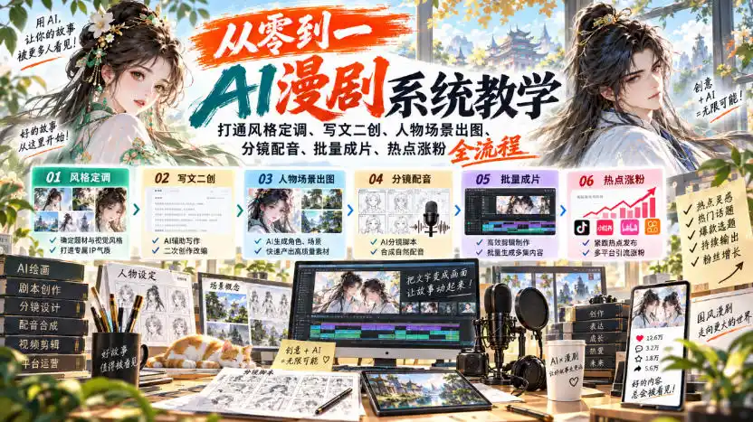从零到一AI漫剧系统教学，打通风格定调、写文二创、人物场景出图、分镜配音、批量成片、热点涨粉全流程-翻身路网创