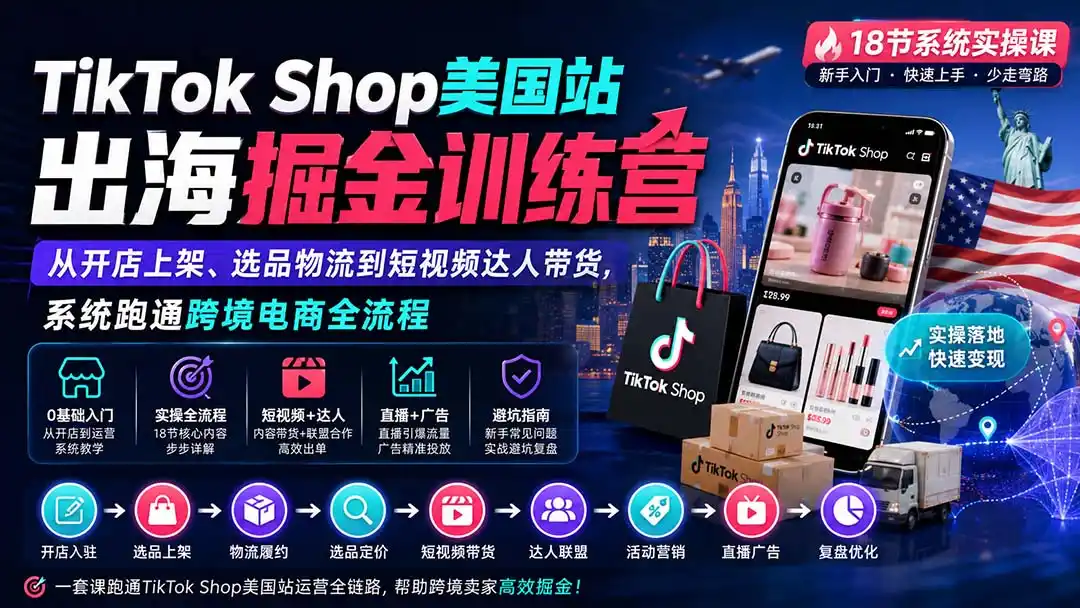 TikTok Shop美国站出海掘金训练营：从开店上架、选品物流到短视频达人带货，系统跑通跨境电商全流程-翻身路网创