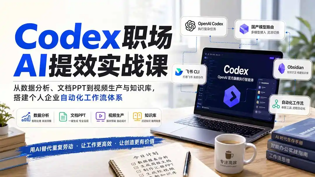 Codex职场AI提效实战课：从数据分析、文档PPT到视频生产与知识库，搭建个人企业自动化工作流体系-翻身路网创
