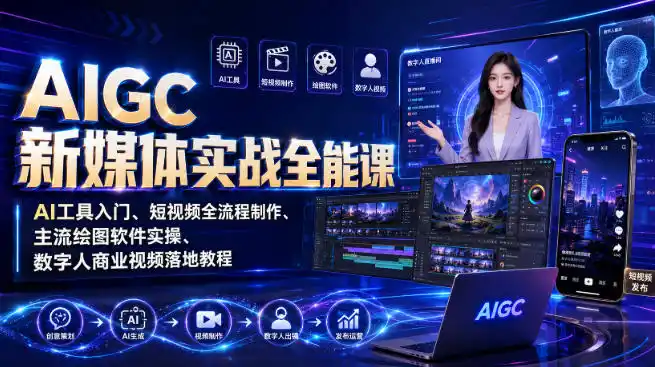 AIGC新媒体实战全能课｜AI工具入门、短视频全流程制作、主流绘图软件实操、数字人商业视频落地教程-翻身路网创