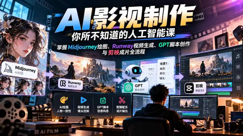 【无水印】AI影视制作-你所不知道的人工智能课，掌握Midjourney绘图、Runway视频生成、GPT脚本创作与剪映成片全流程-翻身路网创