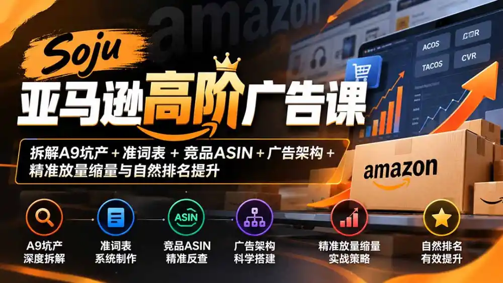 Soju亚马逊高阶广告课：拆解A9坑产+准词表+竞品ASIN+广告架构+精准放量缩量与自然排名提升-翻身路网创