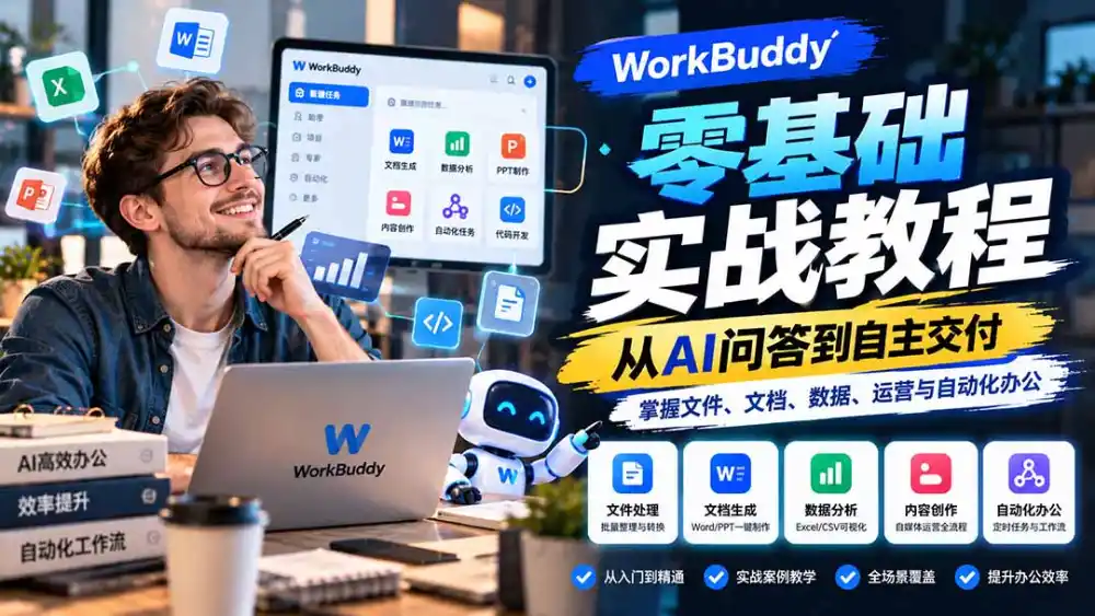 WorkBuddy零基础实战教程：从AI问答到自主交付，掌握文件、文档、数据、运营与自动化办公-翻身路网创