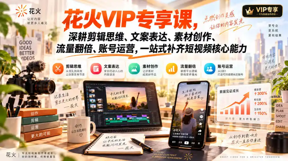花火VIP专享课，深耕剪辑思维、文案表达、素材创作、流量翻倍、账号运营，一站式补齐短视频核心能力-翻身路网创
