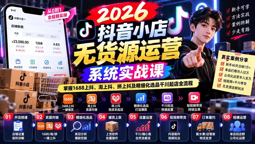 【无水印】2026抖音小店无货源运营系统实战课:掌握1688上抖、淘上抖、拼上抖及精细化选品千川起店全流程-翻身路网创