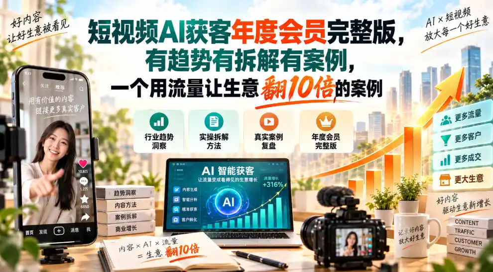 短视频AI获客年度会员完整版，有趋势有拆解有案例，一个用流量让生意翻10倍的案例-翻身路网创
