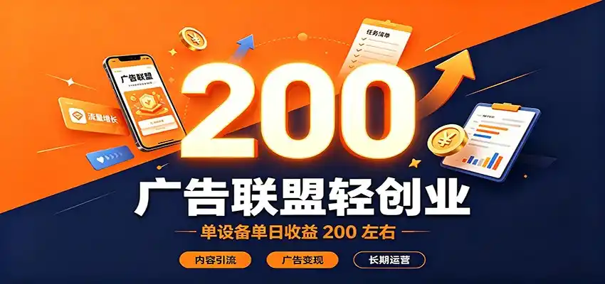 广告联盟轻创业，单设备单日收益200左右，内容引流广告变现长期运营-翻身路网创