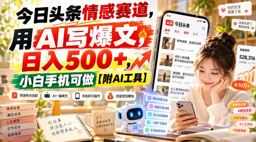 今日头条情感赛道，用AI写爆文，日入500+，小白手机可做【附AI工具】-翻身路网创