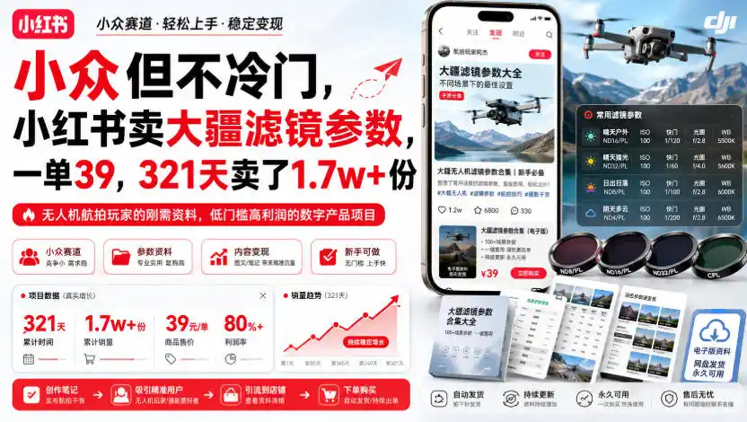 小众但不冷门，小红书卖大疆滤镜参数，一单39，321天卖了1.7w+份-翻身路网创