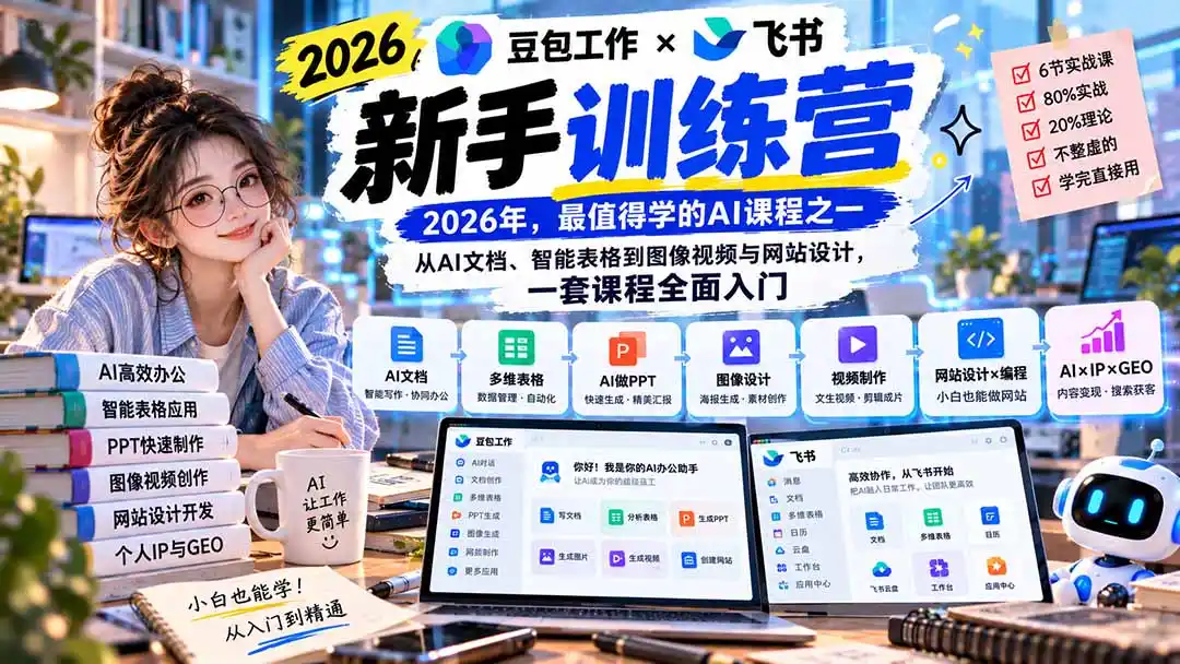 2026豆包工作+飞书新手训练营-9月新课：从AI文档、智能表格到图像视频与网站设计，一套课程全面入门-翻身路网创