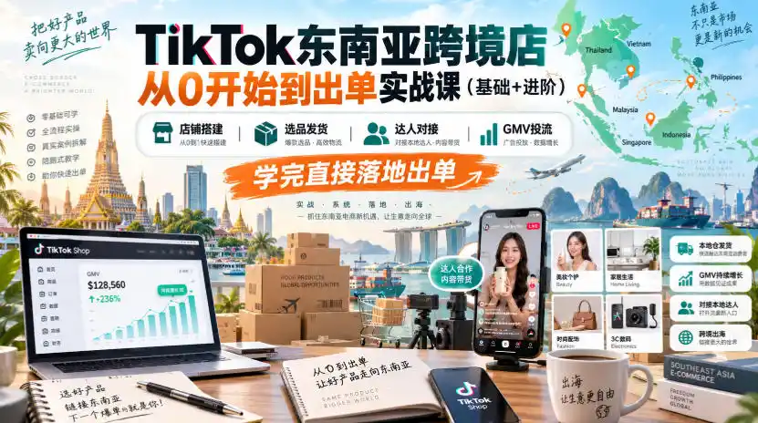 TikTok东南亚跨境店从0开始到出单实战课(基础+进阶)，店铺搭建、选品发货、达人对接、GMV投流，学完直接落地出单-翻身路网创