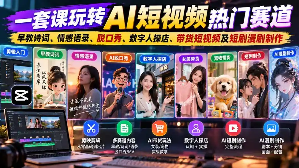 一套课玩转AI短视频热门赛道：早教诗词、情感语录、脱口秀、数字人探店、带货短视频及短剧漫剧制作 复制标题-翻身路网创