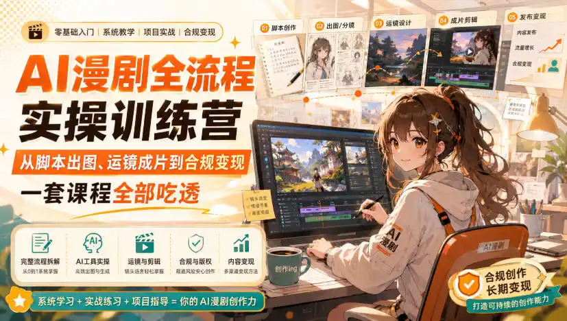 AI漫剧全流程实操训练营，从脚本出图、运镜成片到合规变现，一套课程全部吃透-翻身路网创