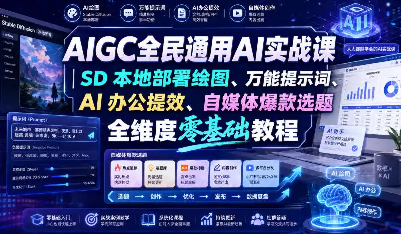 AIGC全民通用AI实战课｜SD本地部署绘图、万能提示词、AI办公提效、自媒体爆款选题全维度零基础教程-翻身路网创