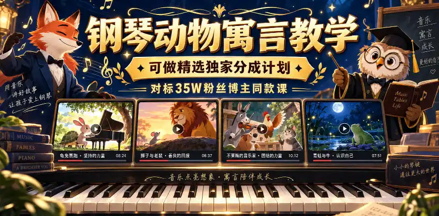 钢琴动物寓言教学，可做精选独家分成计划，对标35W粉丝博主同款课-翻身路网创