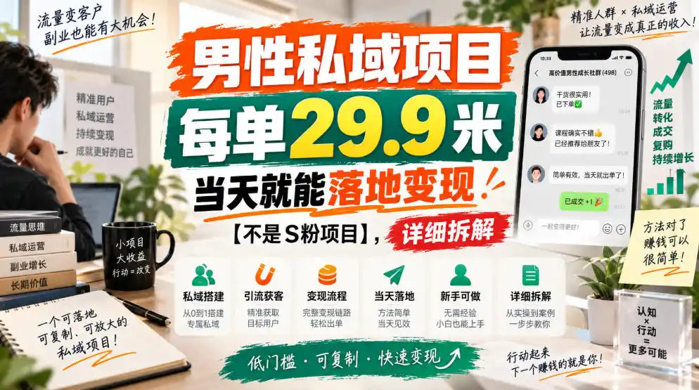 男性私域项目，每单29.9米，当天就能落地变现【不是S粉项目】，详细拆解-翻身路网创