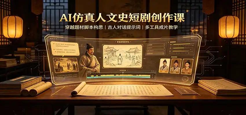AI仿真人文史短剧创作课：穿越题材脚本构思，古人对话提示词，多工具成片教学-翻身路网创
