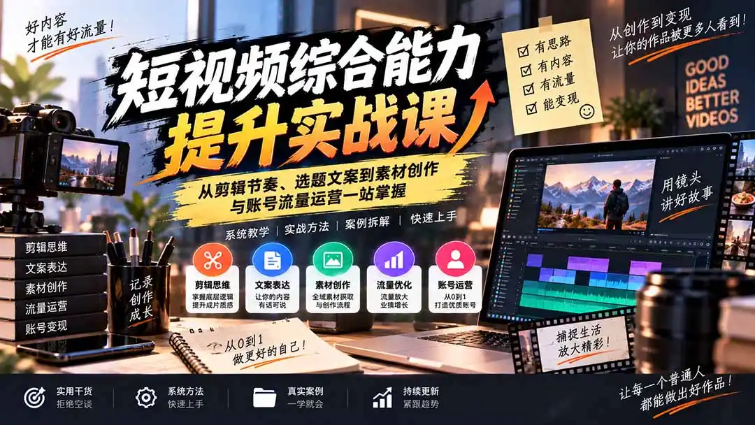 短视频综合能力提升实战课：从剪辑节奏、选题文案到素材创作与账号流量运营一站掌握-翻身路网创
