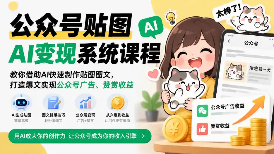公众号贴图AI变现系统课程｜教你借助AI快速制作贴图图文，打造爆文实现公众号广告、赞赏收益-翻身路网创