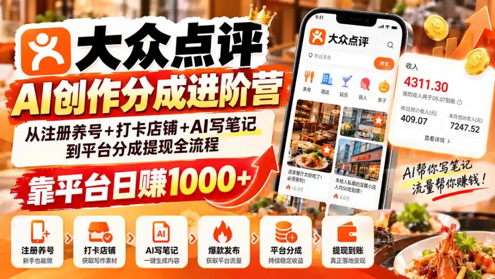 大众点评AI创作分成进阶营:从注册养号+打卡店铺+AI写笔记到平台分成提现全流程,靠平台日赚1000+-翻身路网创
