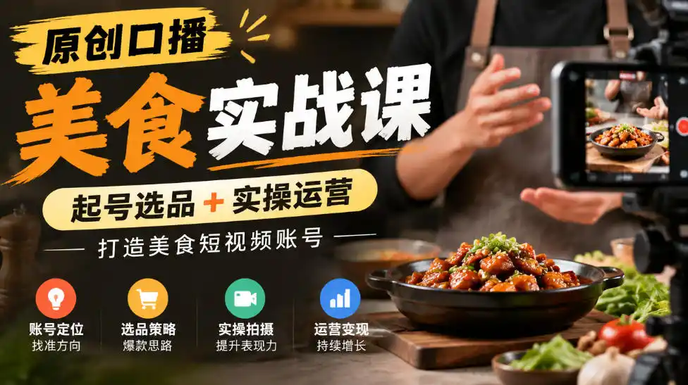 原创口播美食实战课,起号选品+实操运营,打造美食短视频账号-翻身路网创