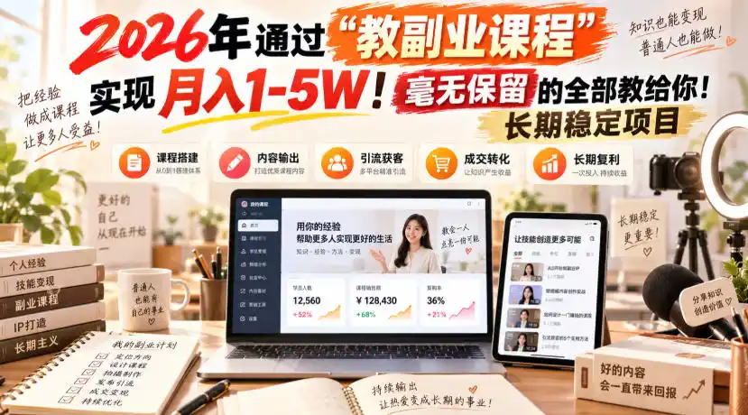 2026年通过“教副业课程”实现月入1-5W！毫无保留的全部教给你！长期稳定项目-翻身路网创