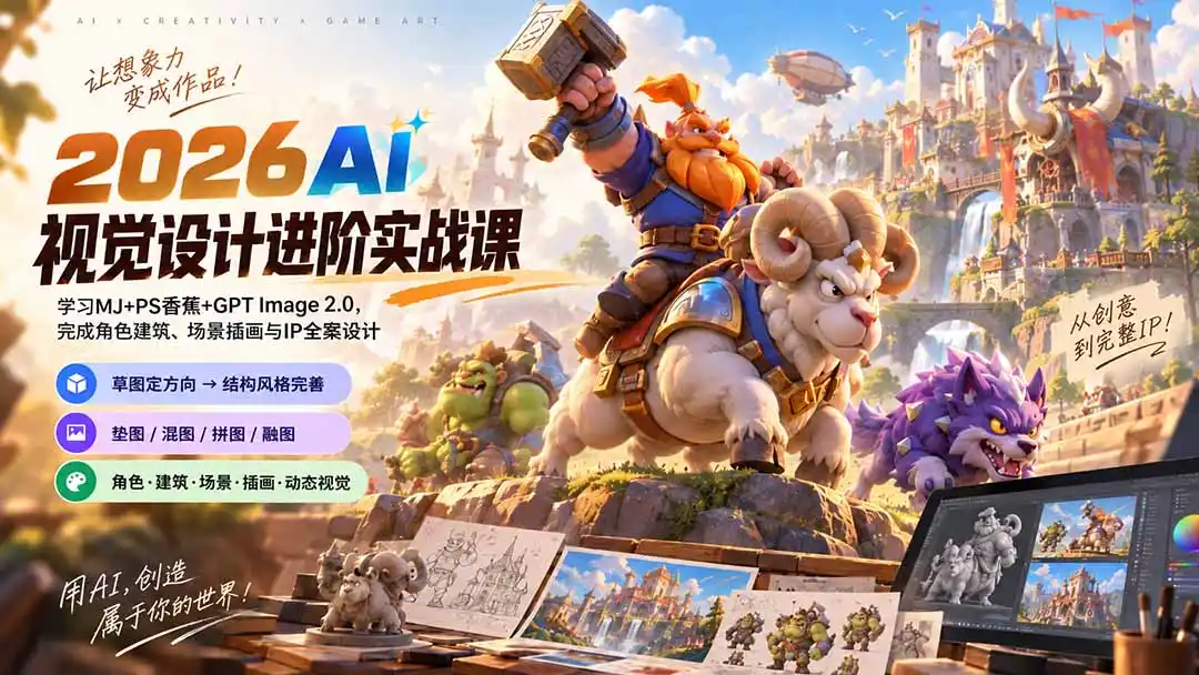 2026AI视觉设计进阶实战课-更新：学习MJ+PS香蕉+GPT Image 2.0，完成角色建筑、场景插画与IP全案设计-翻身路网创