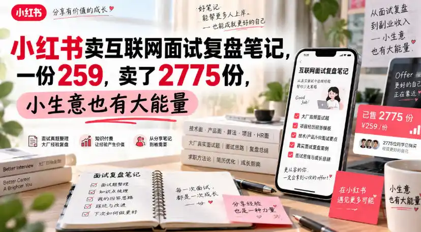 小红书卖互联网面试复盘笔记，一份259，卖了2775份，小生意也有大能量-翻身路网创