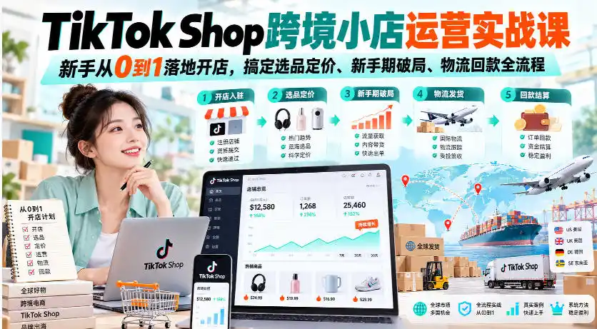 TikTok Shop跨境小店运营实战课，新手从0到1落地开店，搞定选品定价、新手期破局、物流回款全流程-翻身路网创