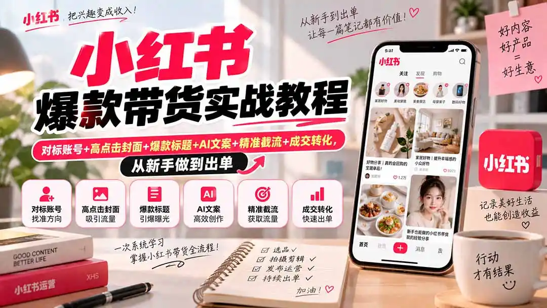 小红书爆款带货实战教程｜对标账号+高点击封面+爆款标题+AI文案+精准截流+成交转化，从新手做到出单-翻身路网创
