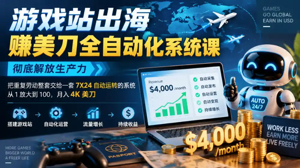 游戏站出海賺美刀全自动化系统课，彻底解放生产力–把重复劳动整套交给一套7X24自动运转的系统，从1放大到100，月入4K美刀-翻身路网创