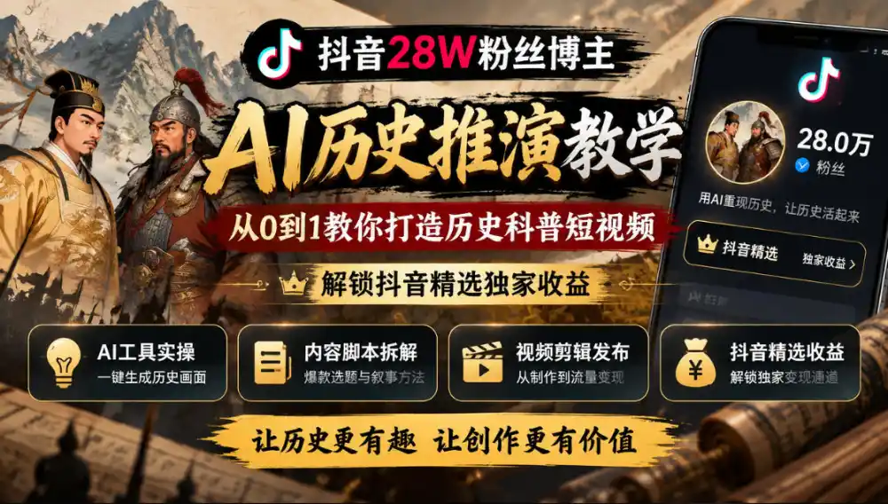抖音28W粉丝博主的AI历史推演教学,从0到1教你打造历史科普短视频,解锁抖音精选独家收益-翻身路网创