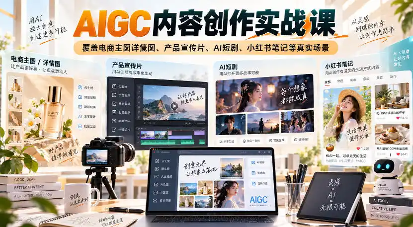 AIGC内容创作实战课，覆盖电商主图详情图、产品宣传片、AI短剧、小红书笔记等真实场景-翻身路网创