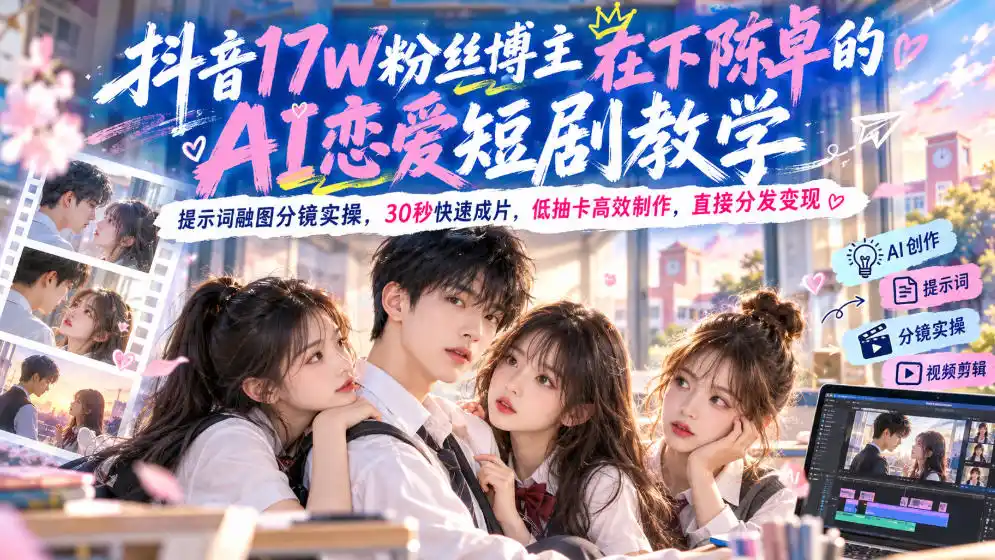 抖音17W粉丝博主在下陈卓的AI恋爱短剧教学,提示词融图分镜实操,30秒快速成片,低抽卡高效制作,直接分发变现-翻身路网创