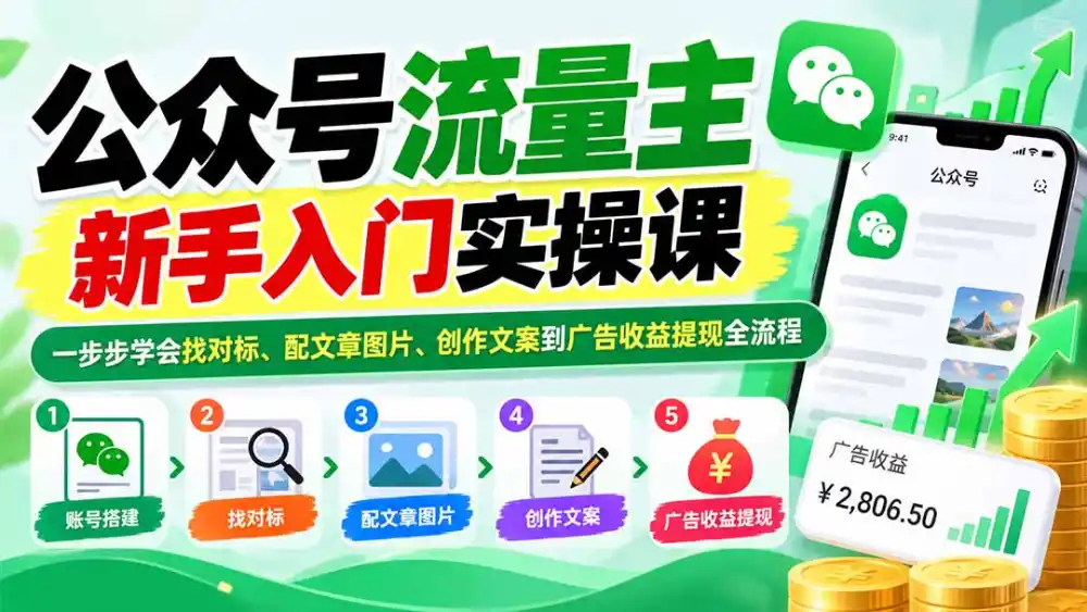 公众号流量主新手入门实操课：一步步学会找对标、配文章图片、创作文案到广告收益提现全流程-翻身路网创