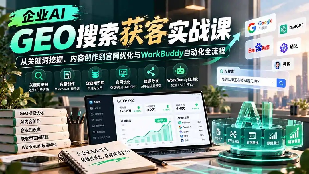 企业AI GEO搜索获客实战课：从关键词挖掘、内容创作到官网优化与WorkBuddy自动化全流程-翻身路网创