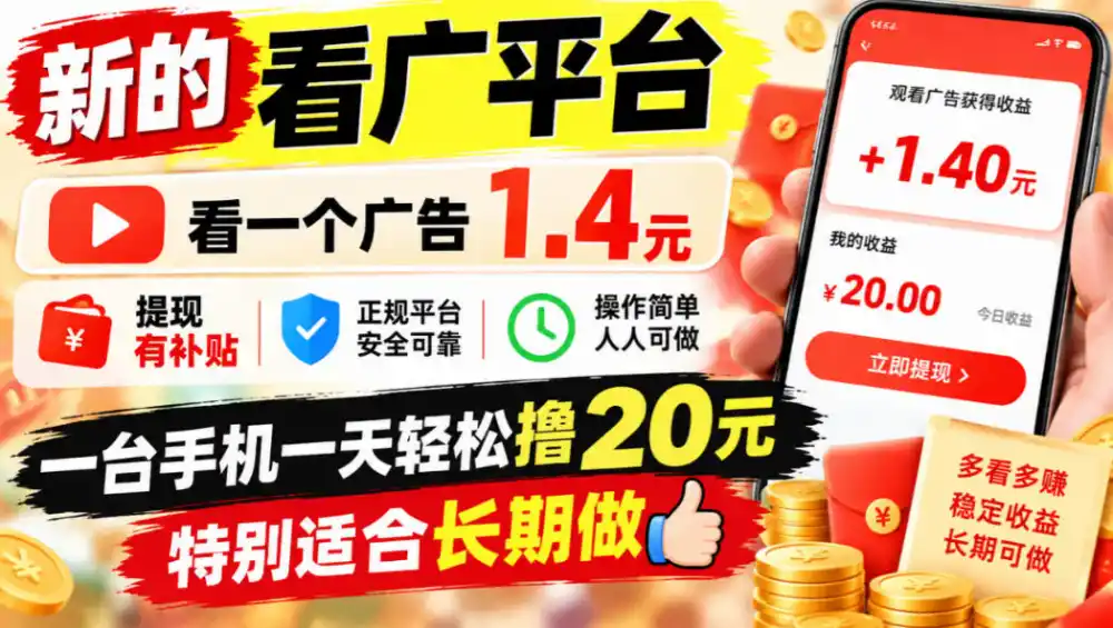 一个新的看广平台，看一个广告1.4元，提现有补贴,一台手机一天轻松撸20+，特别适合长期做【揭秘】-翻身路网创