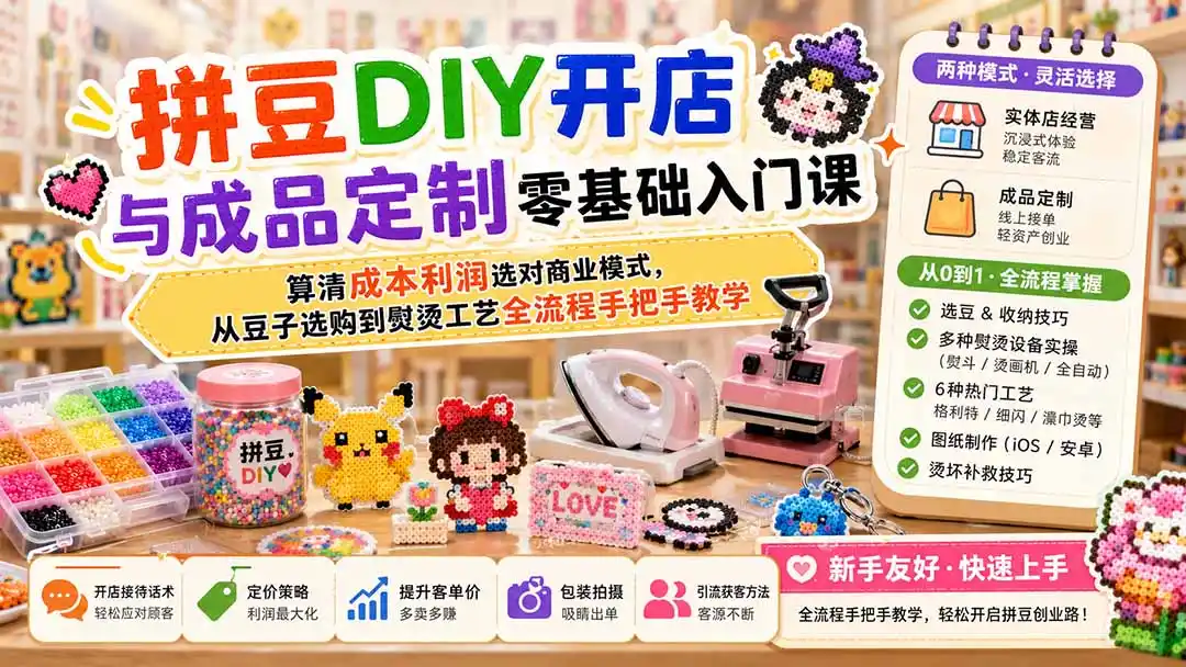 拼豆DIY开店与成品定制零基础入门课；算清成本利润选对商业模式，从豆子选购到熨烫工艺全流程手把手教学-翻身路网创