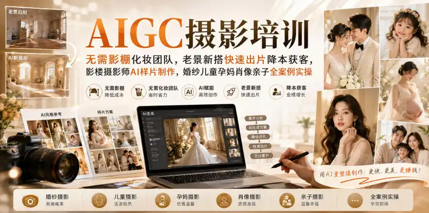 AIGC摄影培训｜无需影棚化妆团队，老景新搭快速出片降本获客，影楼摄影师AI样片制作，婚纱儿童孕妈肖像亲子全案例实操-翻身路网创